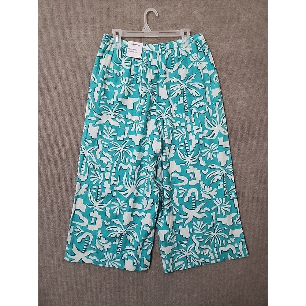 Sonoma Linen Blend Wide Leg Cropped Pants Womens L Turquoise Beach Vacation NEW - Picture 4 of 8